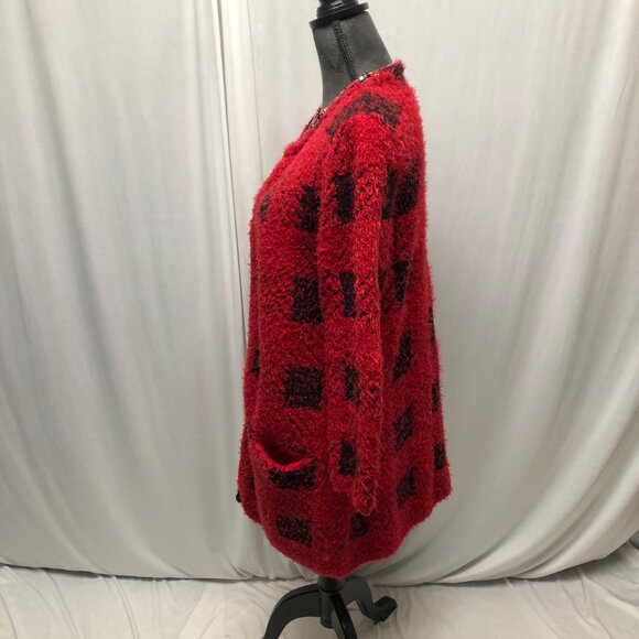 A Moon Cardigan Womens Size Large Red Black Fuzzy Open Front Pockets Sweater - Picture 2 of 7